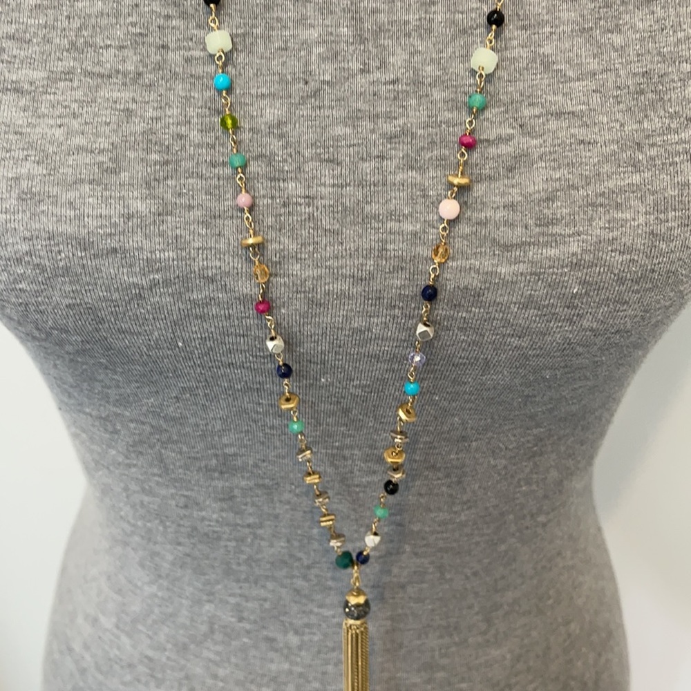 Stella and Dot beaded gold tone necklace with tassel
